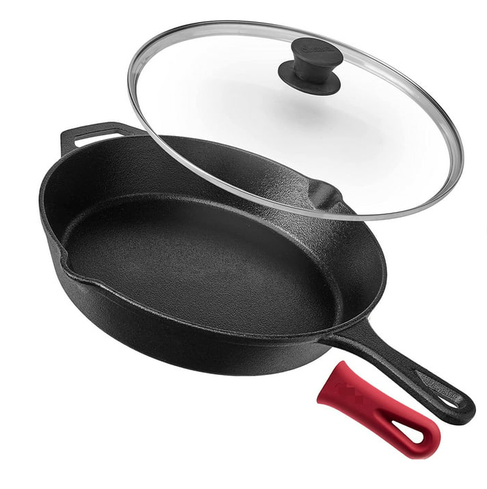 Cast Iron Skillet 12-Inch with Glass Lid and Handle Cover Oven Safe Cookware Wok Fry Pan