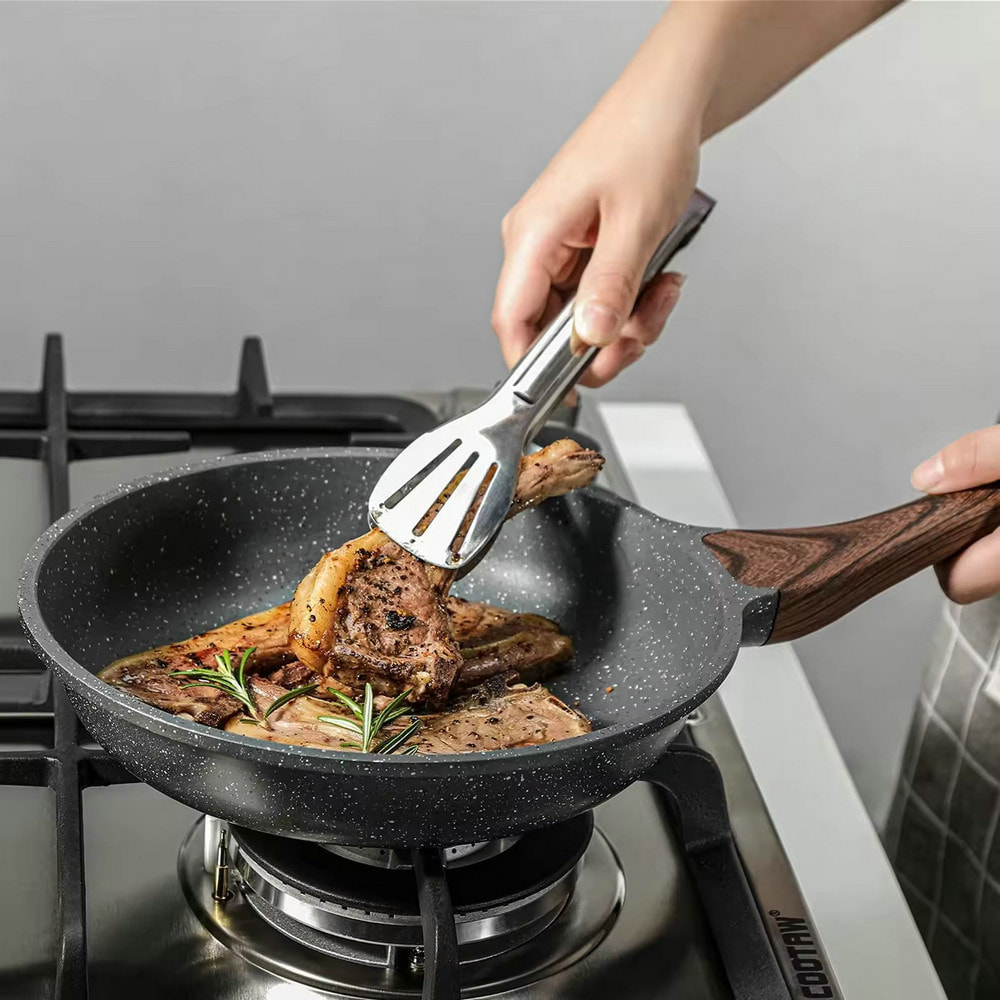 Cookware multipurpose customized nonstick deep frying pan with wooden handle