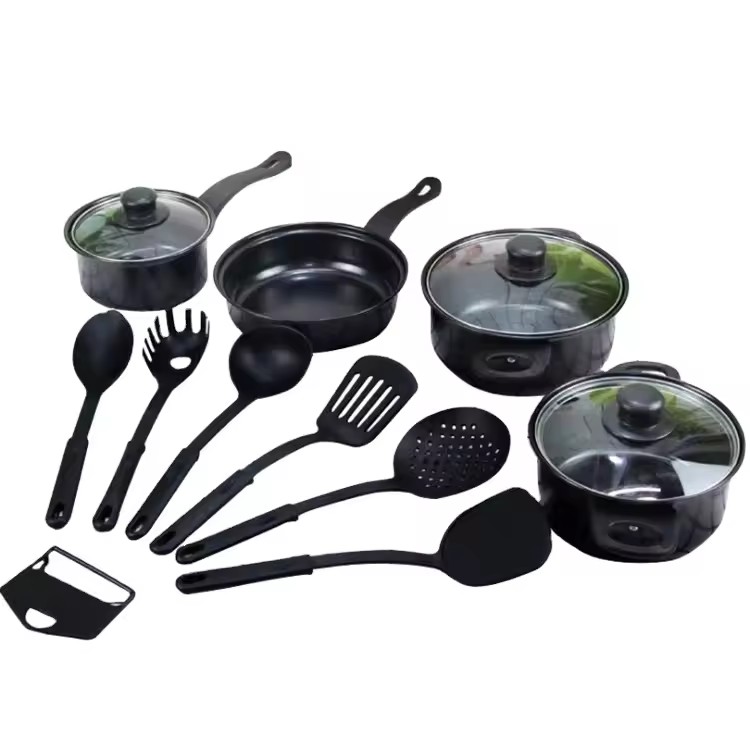 Dishwasher safe product cast iron thirteen pice black nonstick fry pot soup pot sauce pan set