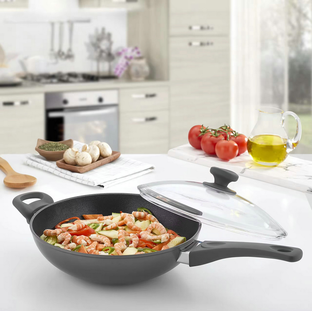 Multi purpose scratch resistant custom logo kitchen aluminum non-stick wok pan with lid