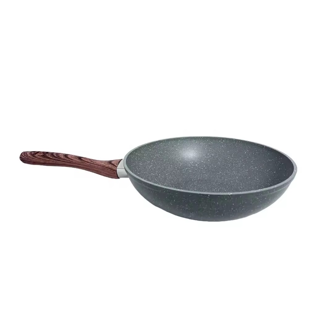 Marble Non Stick Wok Pan With Glass Lid Induction Kitchen With Wood Soft Touch Handle Forged Aluminum Non Stick Wok Pan