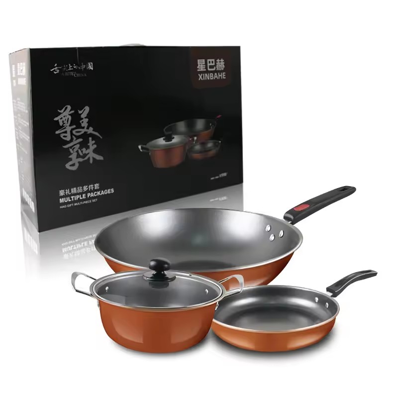 Cross border annual red three piece set colorful non stick pot set wheat rice stone color pot set