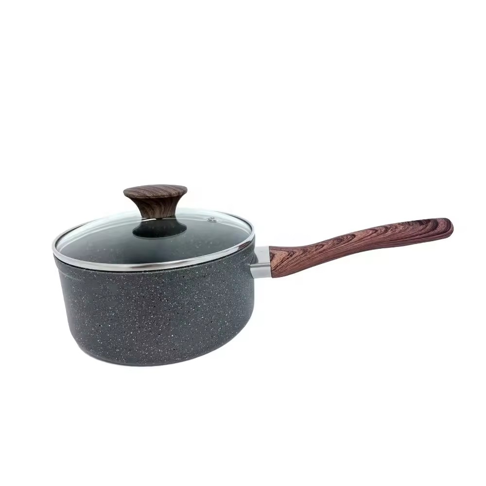 Pressed Aluminium Marble Coated Sauce Pan With Wooden Handle